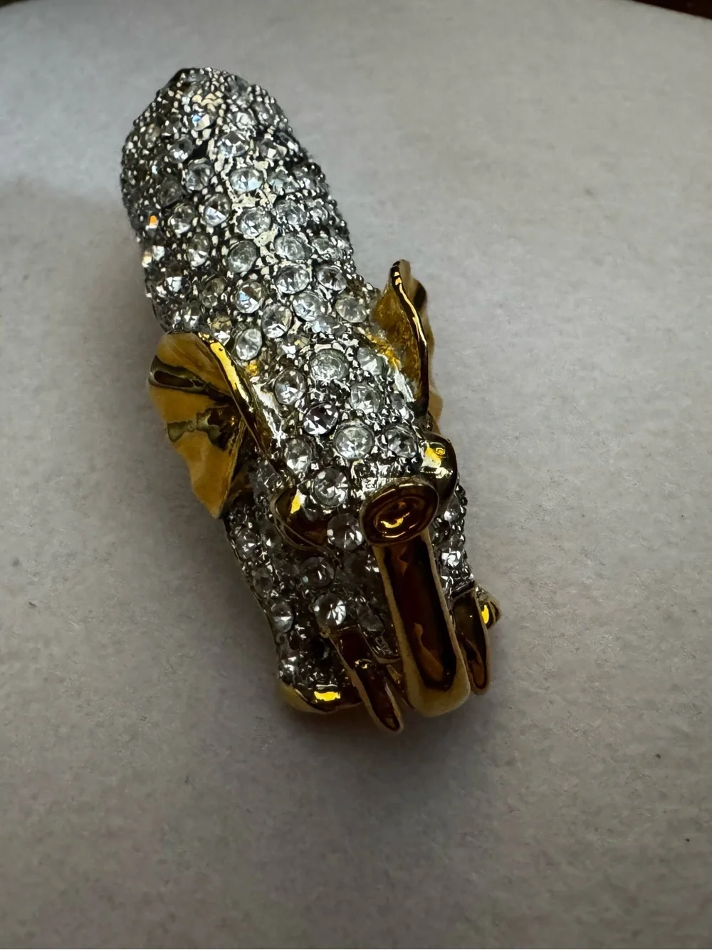1980s Gold-Tone Large Elephant over the Shoulder Brooch with Clear Crystals